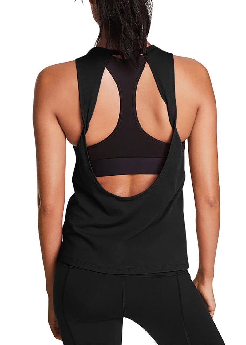 Mippo Workout Tank Tops for Women Loose Fit Open Back Yoga Tops Backless Workout Shirts Athletic Running Gym Tanks Black S - Image 1